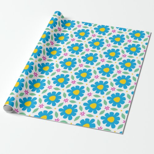 Cute Blue Daisies on Bright White Wrapping Paper