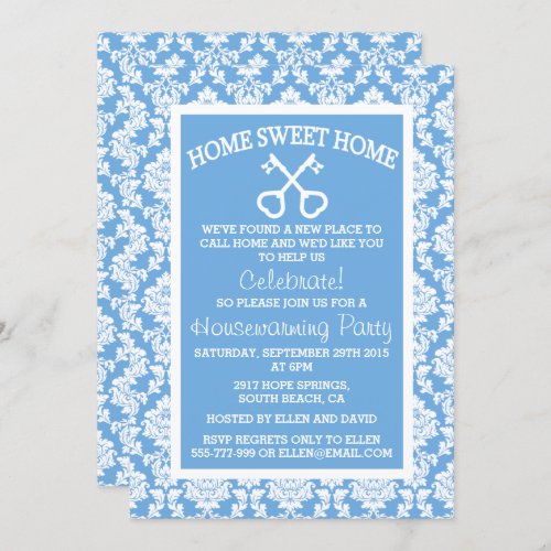 Cute Blue Damask Home Sweet Home Housewarming Invitation