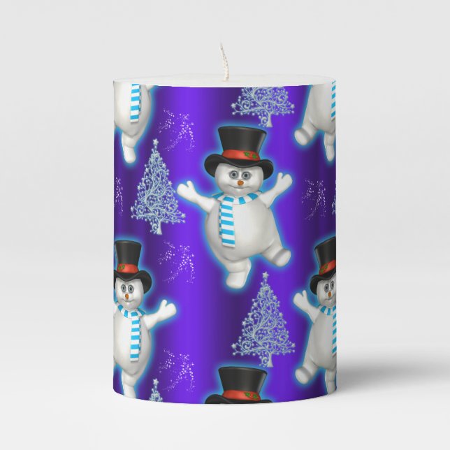 Cute Blue Dancing Snowman Christmas Pillar Candle (Front)