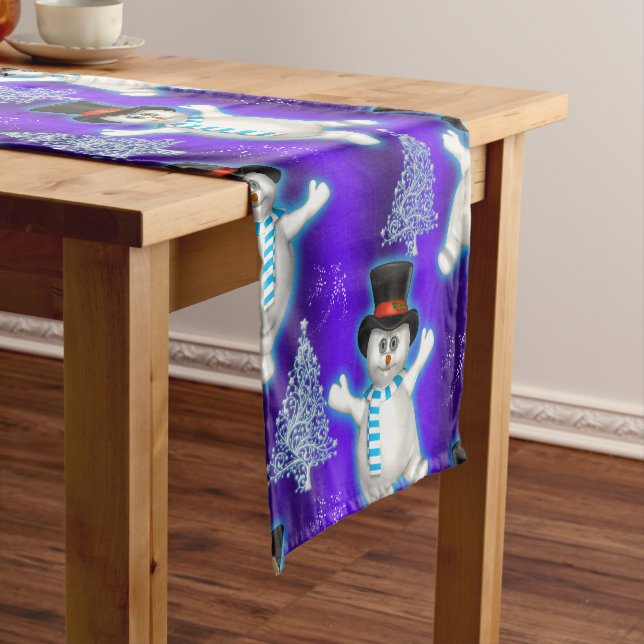 Cute Blue Dancing Snowman Christmas Short Table Runner (In Situ)
