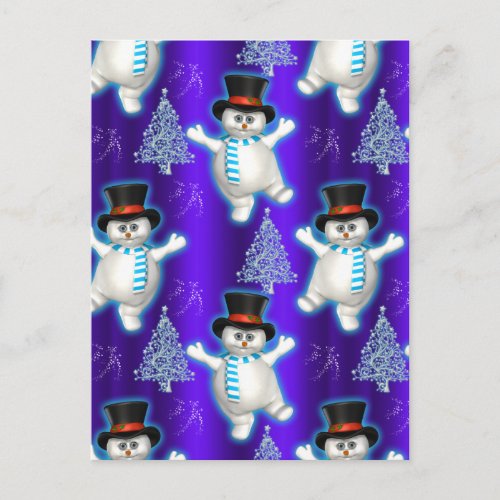 Cute Blue Dancing Snowmen Christmas Holiday Postcard