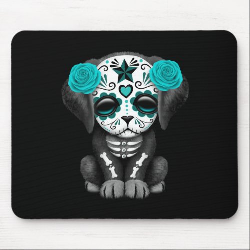 Cute Blue Day of the Dead Puppy Dog Black Mouse Pad