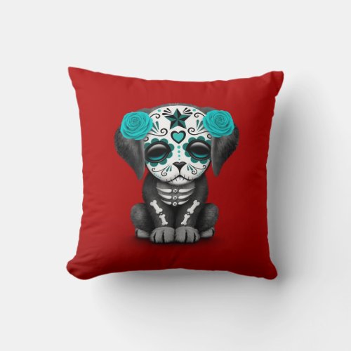 Cute Blue Day of the Dead Puppy Dog Red Throw Pillow