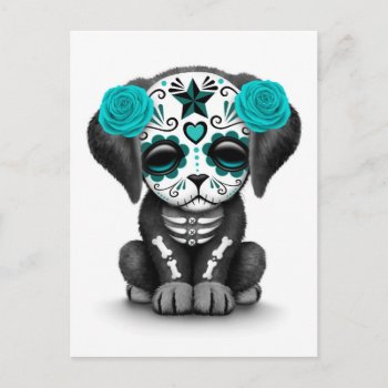 Cute Blue Day Of The Dead Puppy Dog White Postcard by crazycreatures at Zazzle