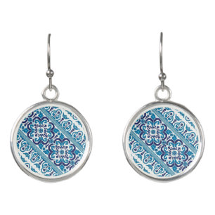 Cute blue decorative ukrainian patterns design earrings