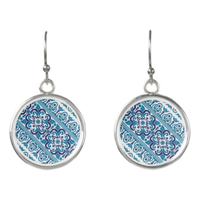 Cute blue decorative ukrainian patterns design earrings (Front)