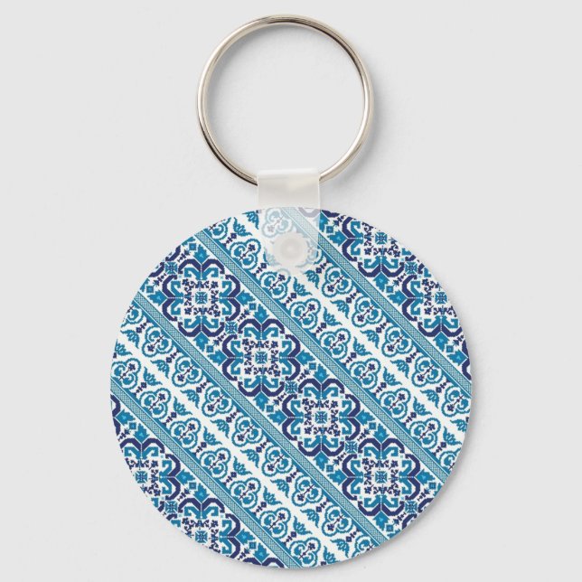 Cute blue decorative ukrainian patterns design keychain (Front)
