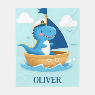 Cute Blue Dino Boat Captain  Fleece Blanket