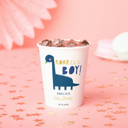 Cute Blue Dinosaur Baby Shower Roar its a boy  Paper Cups