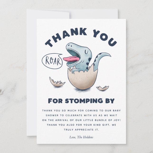 Cute Blue Dinosaur Baby Shower T-Rex Thank You Card (Front)