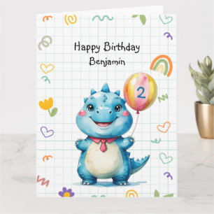 Cute Blue Dinosaur Balloon Boy birthday party Card
