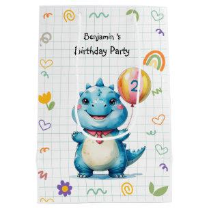 Cute Blue Dinosaur Balloon Boy birthday party Medium Gift Bag