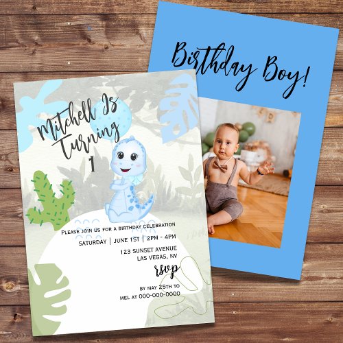 Cute Blue Dinosaur Balloon First Birthday Photo Invitation