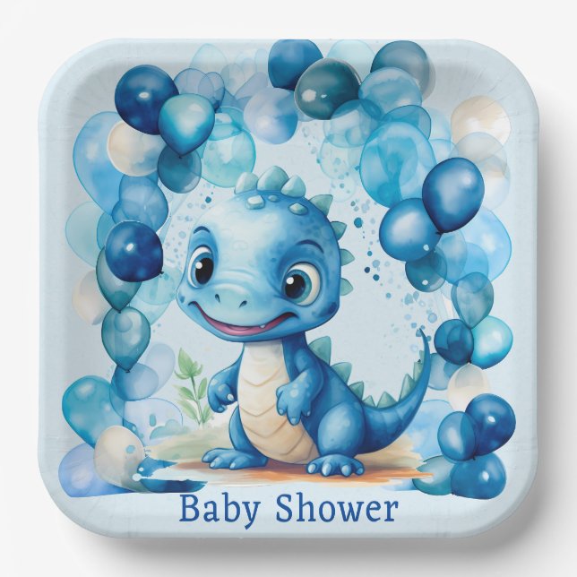 Cute Blue Dinosaur Balloons Boy Baby Shower Paper Plates (Front)