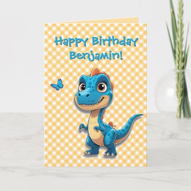 Cute Blue Dinosaur Birthday Card for Kids  (Front)