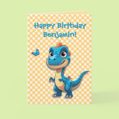 Cute Blue Dinosaur Birthday Card for Kids 