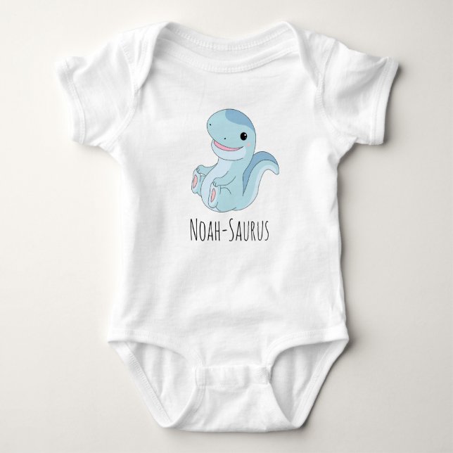 Cute Blue Dinosaur Custom Name - Saurus  Baby Bodysuit (Front)