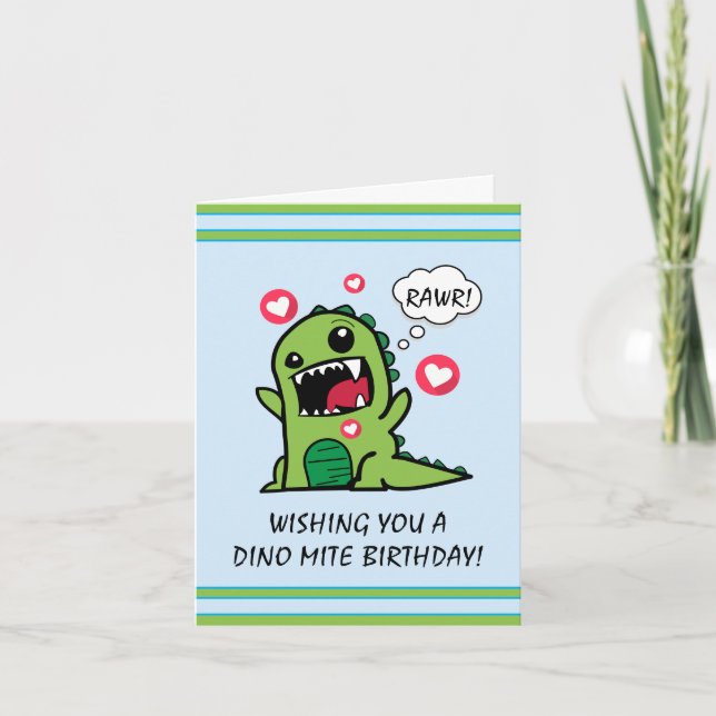 Cute Blue Dinosaur Dino Mite Birthday Card (Front)