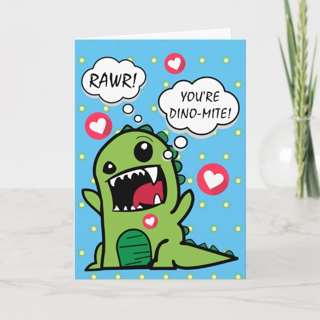 Cute Blue Dinosaur Dino Mite Happy Birthday Card (Front)