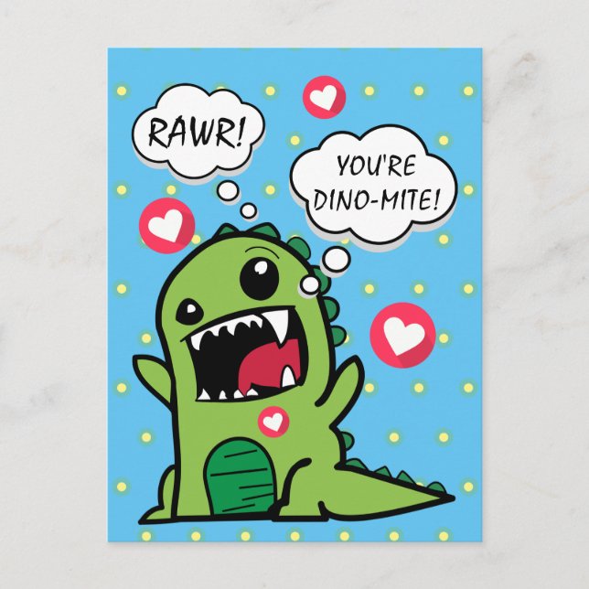 Cute Blue Dinosaur Dino Mite Kids Hello Postcard (Front)