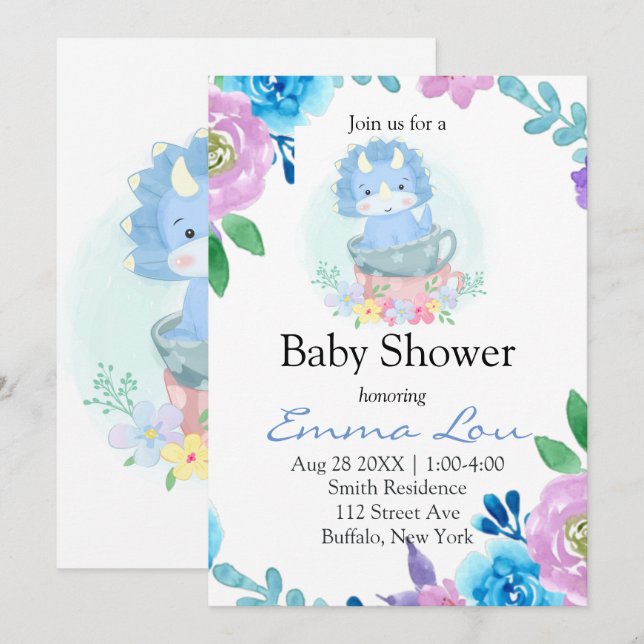 Cute Blue Dinosaur  Floral Teacup Boy Baby Shower Invitation (Front/Back)