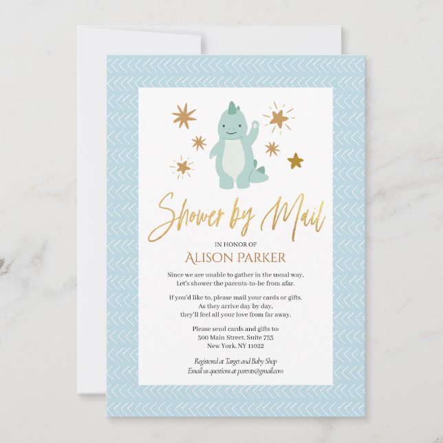 Cute Blue Dinosaur Gold Script Shower By Mail Invitation (Front)