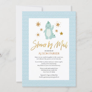 Cute Blue Dinosaur Gold Script Shower By Mail Invitation