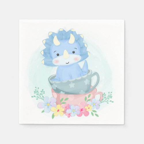 Cute Blue Dinosaur Inside Of Teacups Napkins