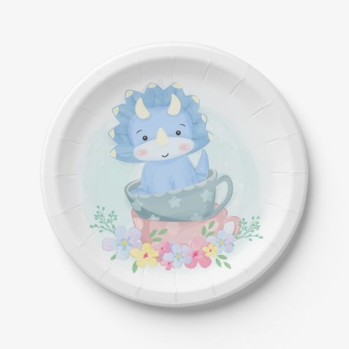 Cute Blue Dinosaur Inside Teacups Boy Baby Shower Paper Plates