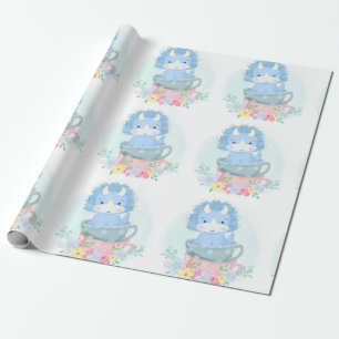 Cute Blue Dinosaur Inside Teacups Boy Baby Shower Wrapping Paper