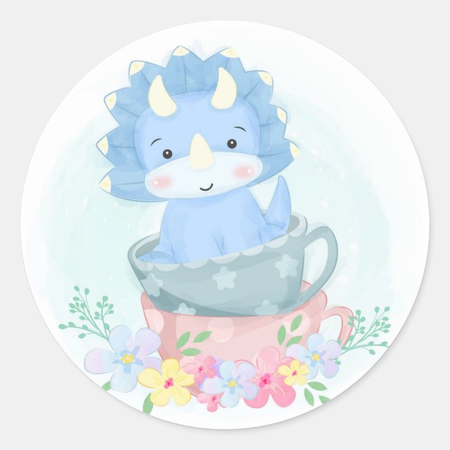 Cute Blue Dinosaur Inside Teacups Classic Round Sticker (Front)
