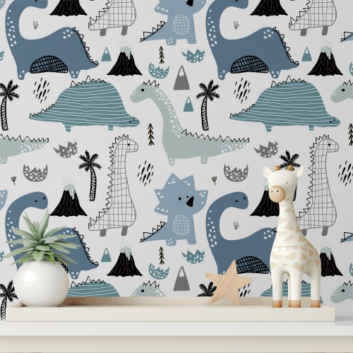 Cute Blue Dinosaur Modern Kids Pattern Wallpaper