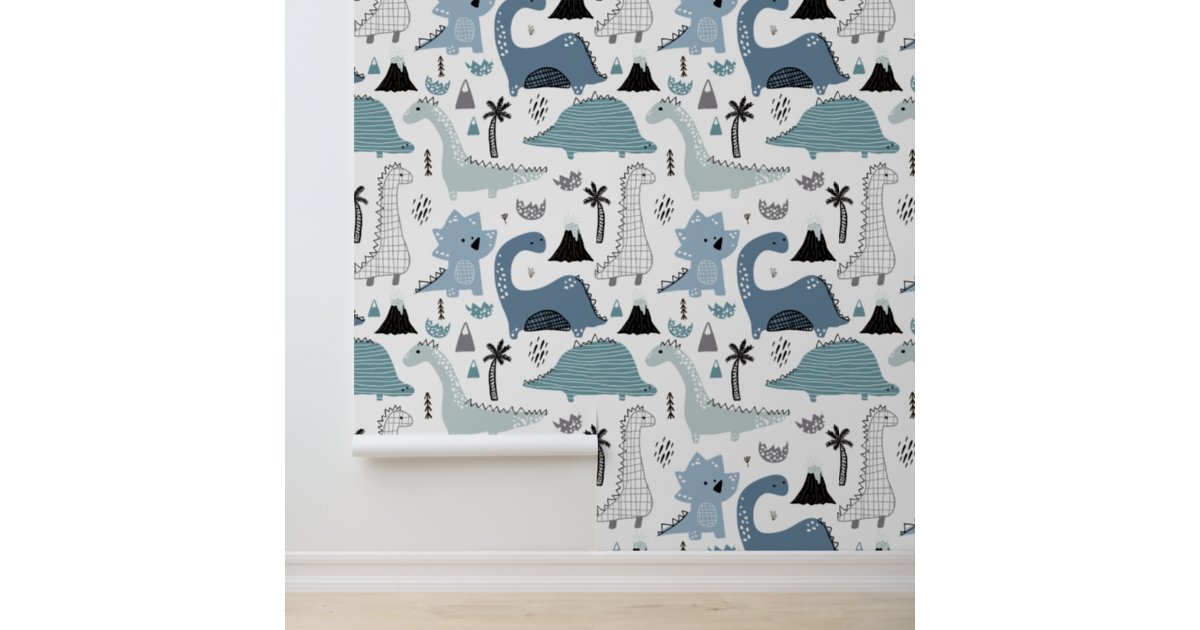 Cute Blue Dinosaur Modern Kids Pattern Wallpaper Zazzle