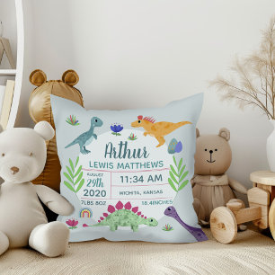 Cute Blue Dinosaur Name Baby Boy Birth Stats Throw Pillow