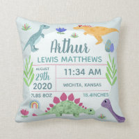 Cute Blue Dinosaur Name Baby Boy Birth Stats Throw Pillow