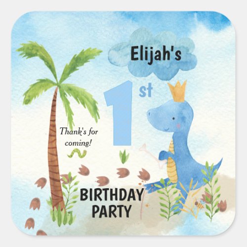 Cute Blue Dinosaur Palm Tree 1st Birthday  Square  Square Sticker