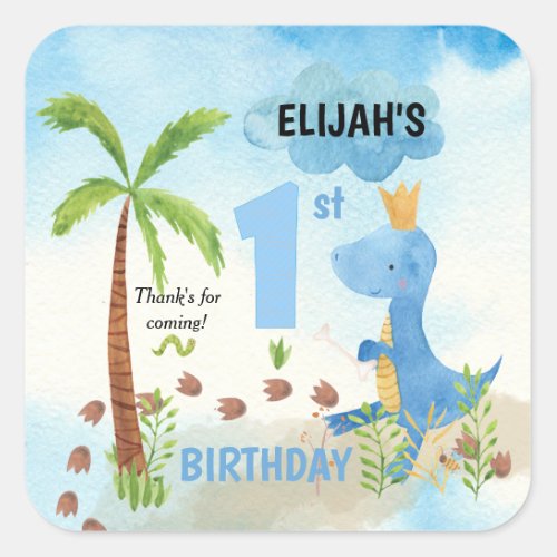 Cute Blue Dinosaur Palm Tree 1st Birthday  Square Sticker