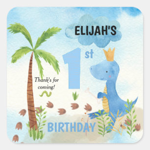 Cute Blue Dinosaur Palm Tree 1st Birthday Square Sticker