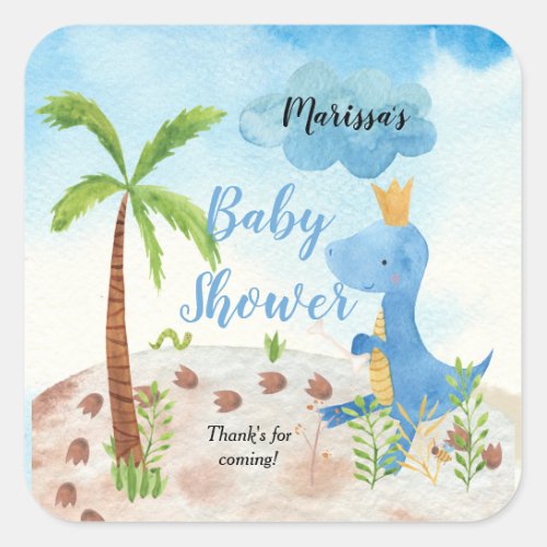 Cute Blue Dinosaur Palm Tree Boy Baby Shower Square Sticker