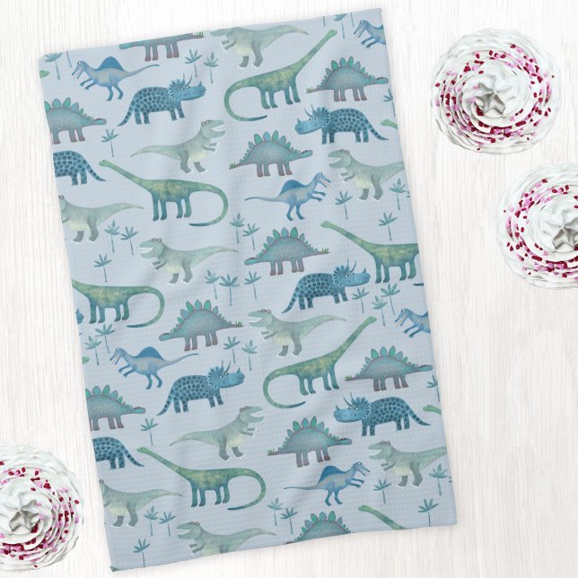 Cute Blue Dinosaur Pattern Kitchen Towel (Blue dinosaur art kitchen tea towel)