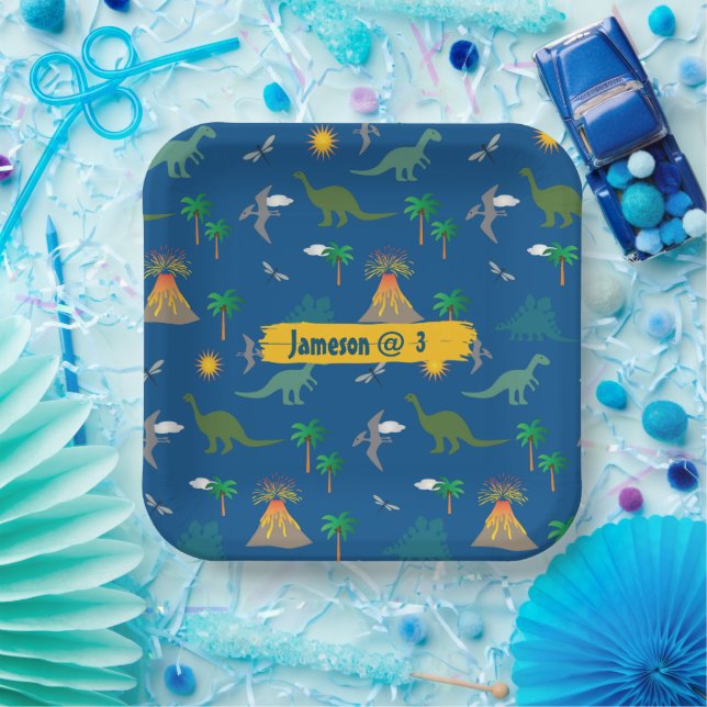 Cute Blue Dinosaur Pattern Wildlife Plants Name Paper Plates (Party)