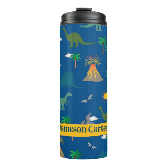 Cute Blue Dinosaur Pattern Wildlife Plants Name Thermal Tumbler (Front)