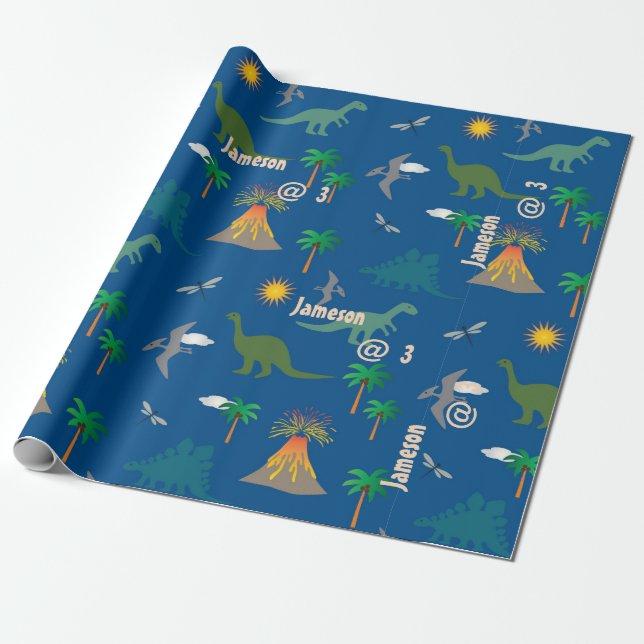 Cute Blue Dinosaur Pattern Wildlife Plants Name Wrapping Paper (Unrolled)
