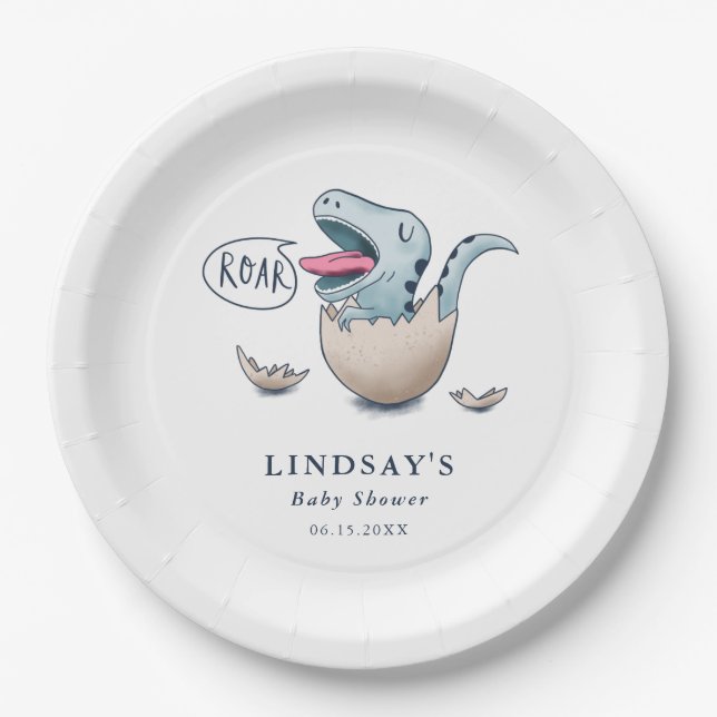 Cute Blue Dinosaur ROAR Baby Shower Paper Plates (Front)