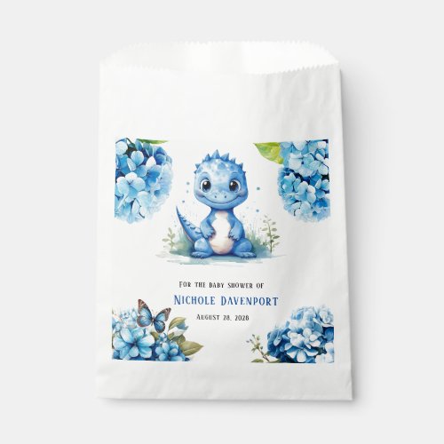 Cute Blue Dinosaur with Florals Boy Baby Shower Favor Bag