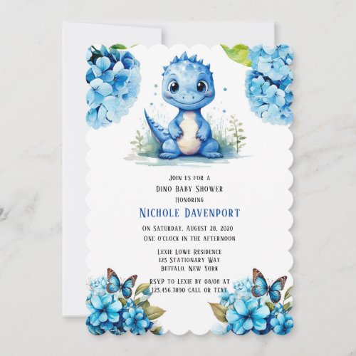 Cute Blue Dinosaur with Florals Boy Baby Shower Invitation