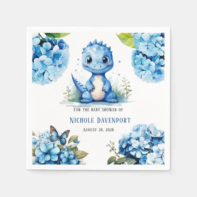 Cute Blue Dinosaur with Florals Boy Baby Shower Napkins (Front)