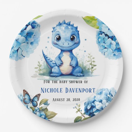 Cute Blue Dinosaur with Florals Boy Baby Shower Paper Plates
