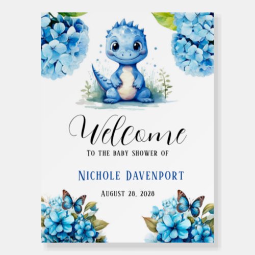 Cute Blue Dinosaur with Florals Boy Welcome Sign
