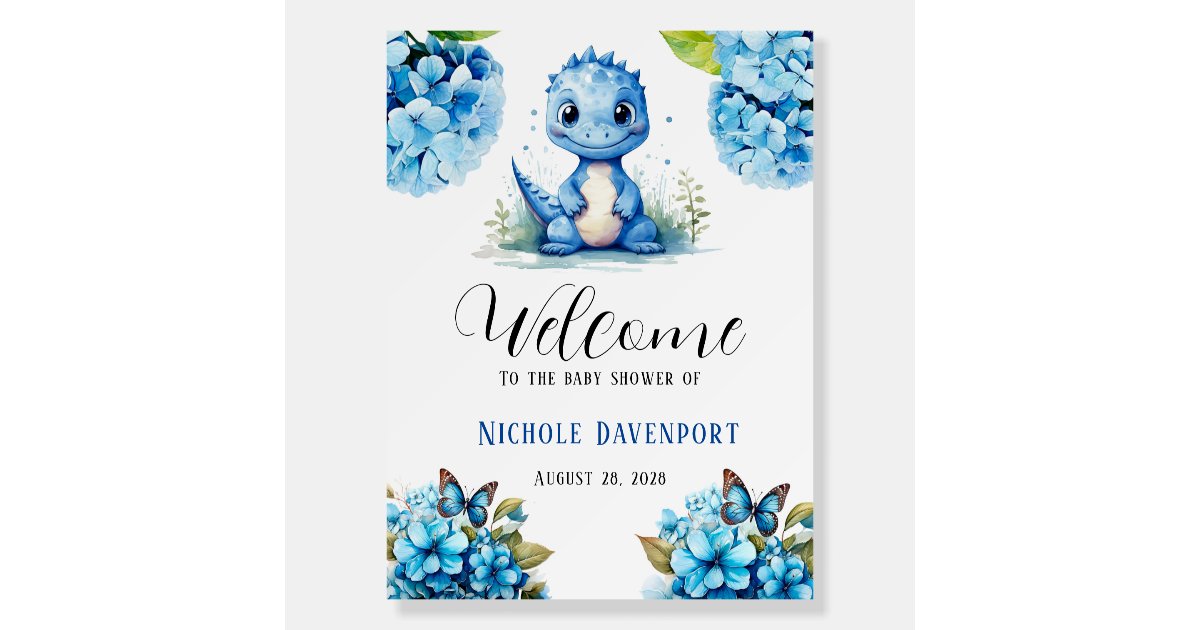 Cute Blue Dinosaur with Florals Boy Welcome Sign | Zazzle